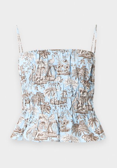 Ανοιχτό γαλάζιο αμάνικο τοπ με λεπτές τιράντες, καφέ και λευκό τροπικό σχέδιο με φοίνικες, λουλούδια και πουλιά, εφαρμοστό στη μέση με ελαφριά φαρδιά γραμμή.