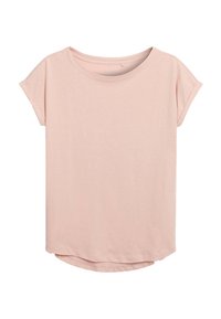 Lichtroze t-shirt met korte mouwen, gemaakt van zacht katoen, met een ronde halslijn en een licht gebogen zoom. Eenvoudig en minimalistisch ontwerp.