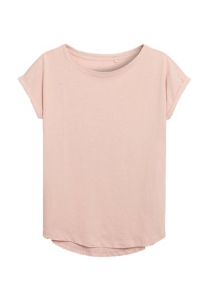 Tricou scurt din bumbac moale, de culoare roz pal, cu mâneci scurte, guler rotund și o linie a tivului ușor curbă. Design simplu și minimalist.