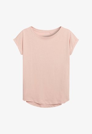 Hellrosa Kurzarm-T-Shirt aus weichem Baumwollmaterial mit einem runden Ausschnitt und einem leicht abgerundeten Saum. Einfaches und minimalistisches Design.