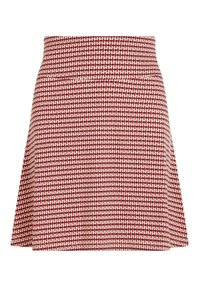 Czerwona i beżowa spódnica w kształcie litery A z wysokim pasem i geometrycznymi diamentowymi wzorami w regularnie powtarzającym się układzie.