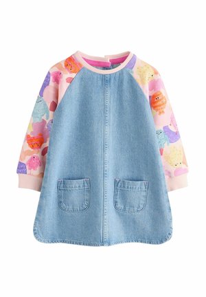 Denimkjole med lette, mønstrede ærmer med farverige, tegneserieagtige figurer; to forlommer og afrundet kant.