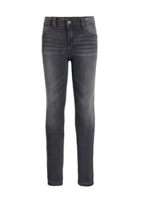 Mörkgrå slim-fit jeans med framfickor, bältesöljar, knäppning och subtil blekning vid låren och knäna.