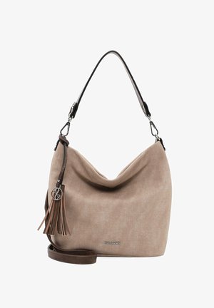 Béžová látková taška s uvolněným designem, hnědý ramenní popruh a kožené třásně. Na přední straně se nachází kovový logotyp značky.