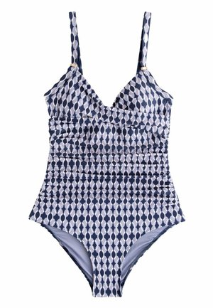 Badedragt med justerbare stropper og navyblåt og hvidt geometrisk ovalmønster.
