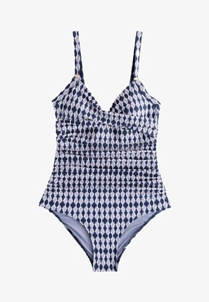 Ein sehr einteiliger Badeanzug mit verstellbaren Trägern und einem geometrischen ovalen Muster in Marineblau und Weiß.