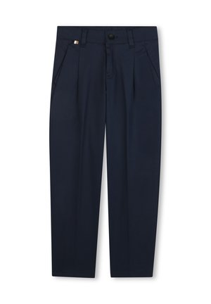 Pantalon bleu marine en tissu lisse, doté de plis, de poches latérales et d'une fermeture à bouton. Agrémenté d'une petite étiquette décorative.