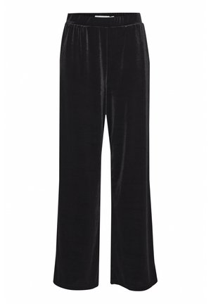 Mustat leveälahkeiset housut, jotka on valmistettu pehmeästä samettikankaasta, jossa on joustava vyötärö. Suora pinta ja virtaava muotoilu tarjoavat mukavuutta ja liikkuvuutta.