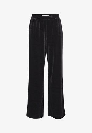 Mustat leveälahkeiset housut, jotka on valmistettu pehmeästä samettikankaasta, jossa on joustava vyötärö. Suora pinta ja virtaava muotoilu tarjoavat mukavuutta ja liikkuvuutta.