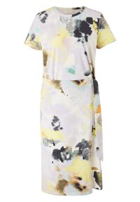 Robe à manches courtes en tissu doux avec des motifs abstraits dans des tons pastel de jaune, noir et turquoise, présentant un design croisé à la taille.