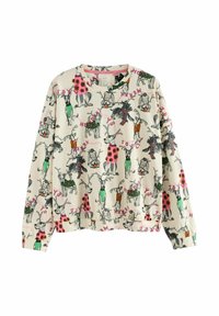 Pullover trøje i lys beige med illustrerede dyr, der bærer farverige outfits. Har fed tekst "MERRY" og "JOY" i pink. Lange ærmer.