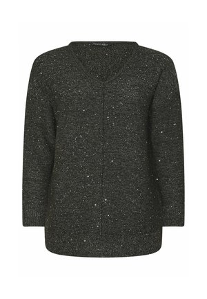 Suéter de cuello en V en gris oscuro con destellos metálicos. Mangas largas, corte holgado y tejido de punto texturizado. Diseño simple sin adornos.