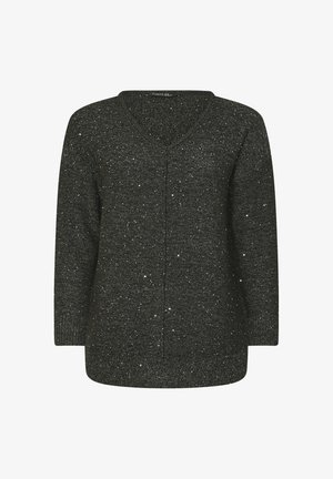 Sweater à col en V gris foncé avec des éclats métalliques. Manches longues, coupe ample et tissu tricoté texturé. Design simple sans embellissements.