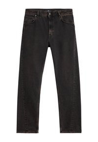 Jeans in denim nero con una finitura sbiadita, design a gamba dritta, stile a cinque tasche e chiusura con bottone in metallo. Dettaglio di cucitura minimalista.