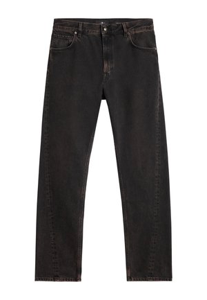Jean en denim noir avec une finition délavée, conception à jambe droite, style à cinq poches et fermeture à bouton métallique. Détail de couture minimaliste.