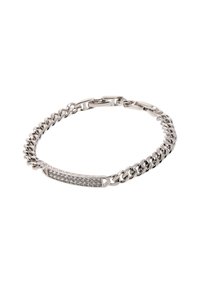 Hopeaketju, jossa on teksturoitu tanko ja upotettuja kirkaita kiviä. Suunnittelu on jykevä ja siinä on turvallinen suljenta.