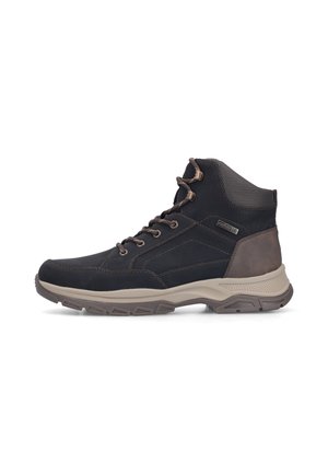 Mittelhoher schwarzer und brauner Schnür-Wanderstiefel mit gepolstertem Knöchelschutz und strukturierter beiger Gummisohle.
