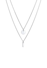 Silver layered necklace with a round disc pendant and a rectangular bar pendant, featuring textured chains and a polished finish.