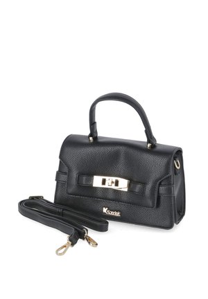 Czarna teksturowana skórzana torebka z górnym uchwytem, złotym zapięciem, odpinanym paskiem na ramię i logo Koerlek z przodu.