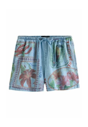 Jeans-Shorts mit elastischem Bund, ausgestattet mit einem tropischen Blumen- und Blätterdruck in Rot-, Grün- und Blautönen, mit einer Kordelzugdetails.