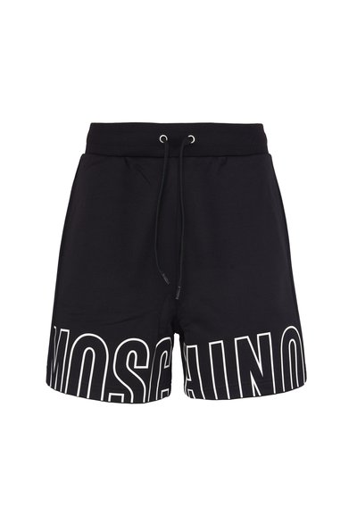 Pantaloni neri con cintura regolabile, caratterizzati da una grande scritta bianca "MOSCHINO" sul lato sinistro e un tessuto liscio e strutturato.