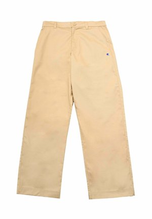Pantaloni in cotone beige a gamba larga con chiusura a bottone, dotati di un piccolo logo blu sul davanti. Tessuto liscio, senza motivi visibili.
