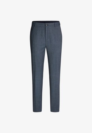 Niebieskie spodnie w kratę o dopasowanym kroju. Wykonane z teksturowanej tkaniny, z zapięciem na guzik, szlufkami na pasek i zwężanymi nogawkami.