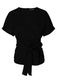 Svart t-shirt med kort ärm gjord av lättviktigt tyg, med rund halsringning och en knytning i midjan för en figurnära silhuett.