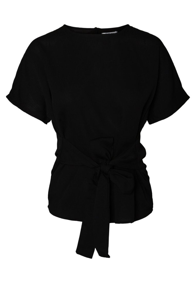 Svart t-shirt med kort ärm gjord av lättviktigt tyg, med rund halsringning och en knytning i midjan för en figurnära silhuett.