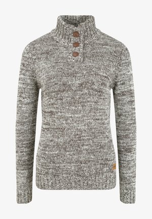Pull en tricot avec un col montant, trois boutons marron et un motif chiné gris-marron. Fabriqué en tissu confortable avec des poignets côtelés.