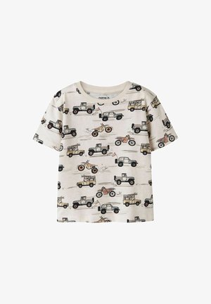 Beige children's t-shirt patterned with illustrations of off-road vehicles and motorcycles in black, brown, and tan tones.