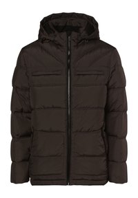 Musta pehmeä takki vetoketjulla, hupulla ja kahdella etutaskulla. Ominaisuuksiin kuuluu vaakasuora tikkauskuvio ja vahvistetut ompeleet.