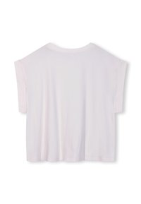 Hellrosa T-Shirt mit kurzen Ärmeln, lockerer Passform, Rundhalsausschnitt und glatter Textur; ohne sichtbare Muster oder Akzente.