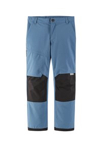 Pantaloni outdoor blu con toppe nere sui ginocchi e tasche. Realizzati in un tessuto resistente con vestibilità rilassata e design a gamba dritta.