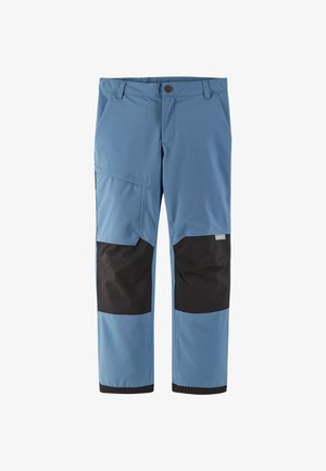 Modre outdoor hlače z črnimi kolenskimi zaklopkami in žepi. Narejene so iz trpežnega materiala z ohlapnim krojem in ravnimi hlačnicami.