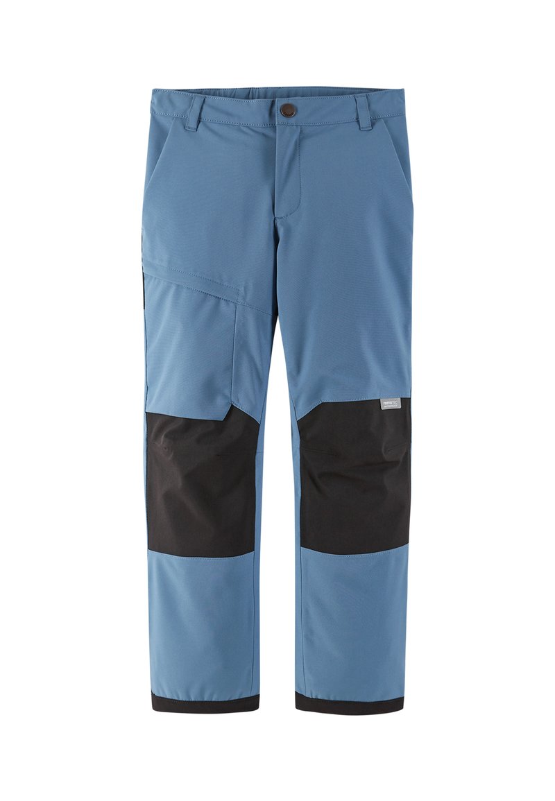 Pantaloni outdoor blu con toppe nere sui ginocchi e tasche. Realizzati in un tessuto resistente con vestibilità rilassata e design a gamba dritta.
