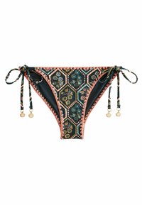 Bikiny s tmavým materiálom a kvetinovým vzorom v modrej a ružovej farbe, so zaväzovaním na bokoch a zlatými akcentmi v tvare mušlí. Textúrované okraje a podšívka.