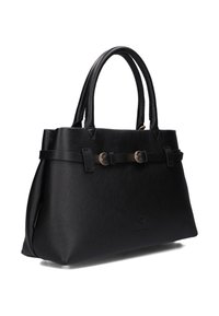 Zwarte leren handtas met een gepolijste textuur, dubbele handgrepen en decoratieve metalen accenten. Heeft een gestructureerde vorm en een veelzijdig ontwerp.
