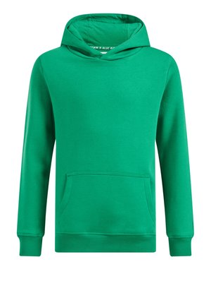 Schlichtes grünes Hoodie mit langen Ärmeln, Vorderkängurutasche sowie gerippten Bündchen und Saum, dargestellt auf weißem Hintergrund.