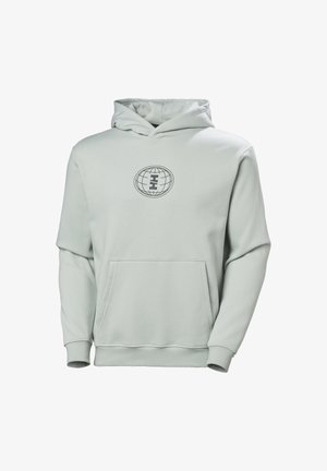 Světle zelená mikina s kapucí, která má přední kapsu, nastavitelnou kapuci se šňůrkou a kruhové grafické logo na hrudi. Měkká, hladká tkanina.