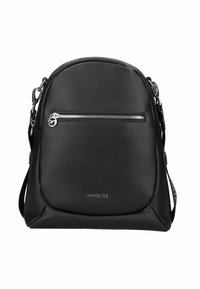 Sac à dos noir en cuir avec une forme arrondie, finition texturée, poche avant zippée argentée et bandoulière ajustable.