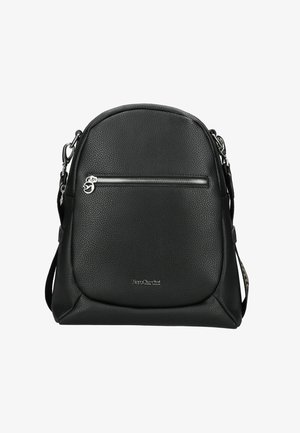 Sac à dos noir en cuir avec une forme arrondie, finition texturée, poche avant zippée argentée et bandoulière ajustable.