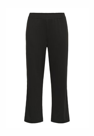 Zwarte, cropped broeken gemaakt van zachte stof met een elastische tailleband. Heeft een rechte pijpdesign en geen extra versieringen.