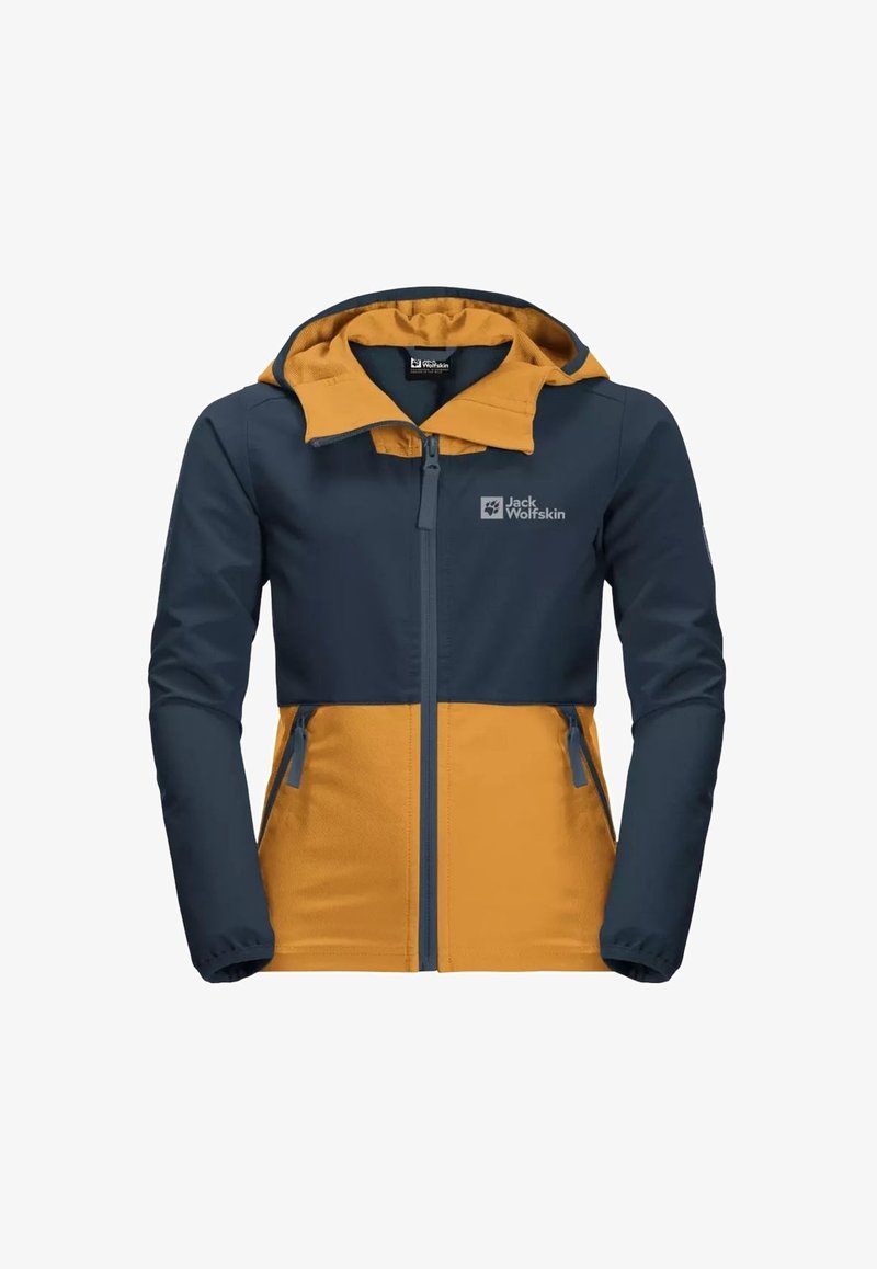 Giacca a blocchi di colore con una parte superiore blu scuro e una parte inferiore gialla brillante. Presenta una chiusura con zip, cappuccio e logo sul petto.