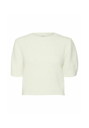Maglione bianco a maniche corte con superficie teksturizzata e fluffy, scollo tondo e vestibilità cropped. Materiale morbido e design semplice.