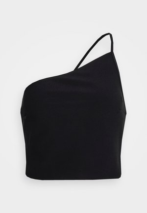Top cropped preto de um ombro, feito de tecido liso. Apresenta uma alça fina e uma silhueta ajustada. Sem embellishments ou padrões.