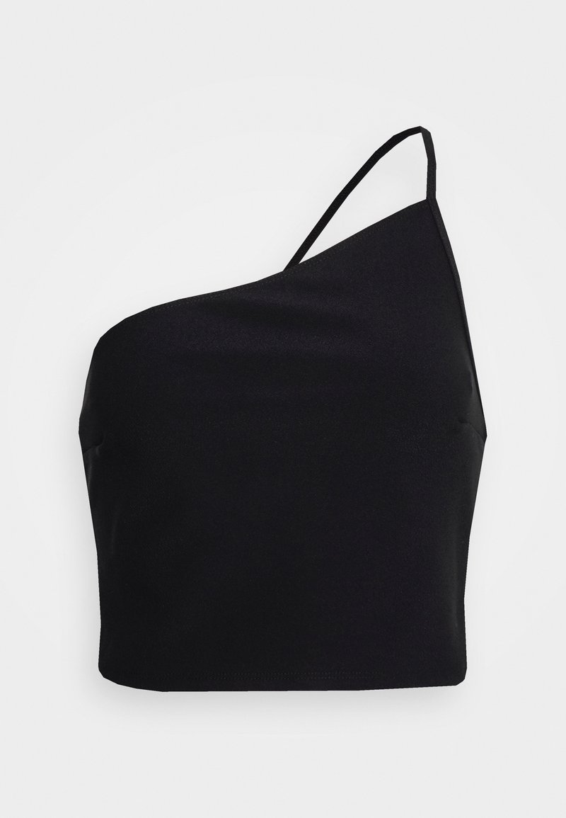 Top cropped preto de um ombro, feito de tecido liso. Apresenta uma alça fina e uma silhueta ajustada. Sem embellishments ou padrões.
