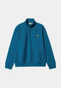 Sudadera verde azulado con cuello de media cremallera, puños acanalados y dobladillo recto. Presenta un pequeño logo bordado en el pecho. Material de mezcla de algodón.