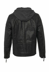 Schwarze Lederjacke mit grauer Kapuze. Verfügt über eine gerippte Struktur an Schultern und Seiten, Reißverschlussbündchen und eine figurbetonte Passform.
