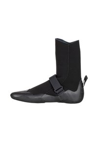 Black neoprene boot with a tall shaft, textured rubber sole, and an adjustable strap across the midfoot for secure fit.